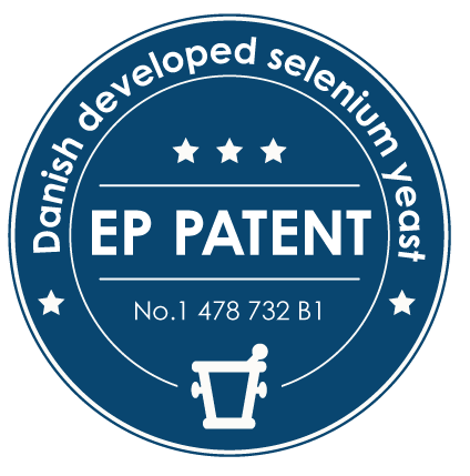 Modrobílé logo s číslem patentu selenu vyrobeného v Dánsku