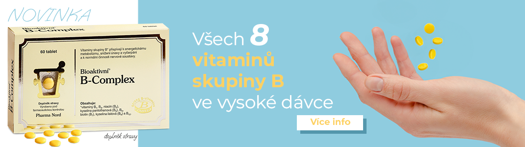 Balení světle žluté krabičky Bioaktivní B-Complex a fotka ruky nadhazující žluté tablety